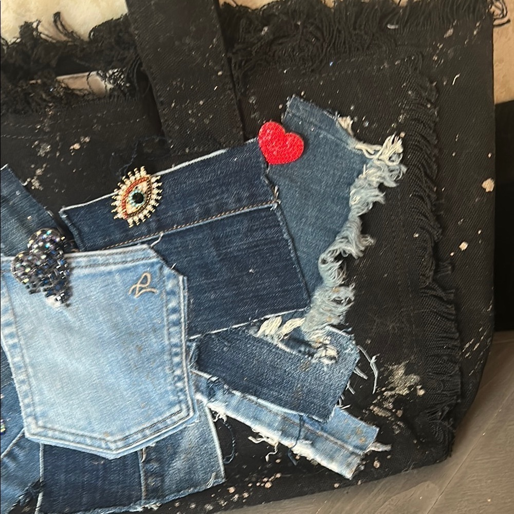 Darrah Ashley Stylish Denim Patchwork Tote Bag with pins - Picture 3 of 9